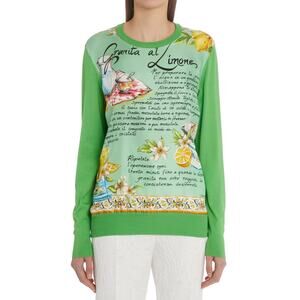 Dolce & Gabbana Lemon Granita Print Green Silk Crewneck Sweater NWT